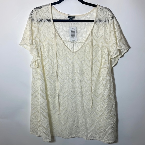 Torrid 2 LACE TIE NECK BLOUSE cream bone color off white - Picture 4 of 9
